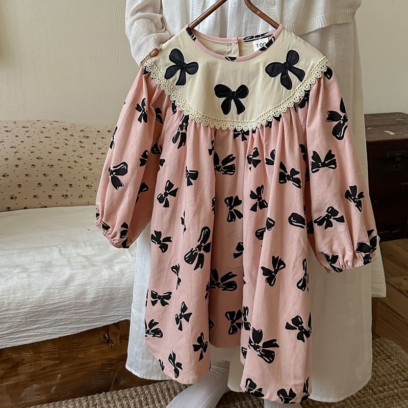 Mère et enfants 2024 automne vêtements pour enfants nœud broderie lâche filles robe dentelle élégante à manches longues enfants princesse jupe_voghion.com