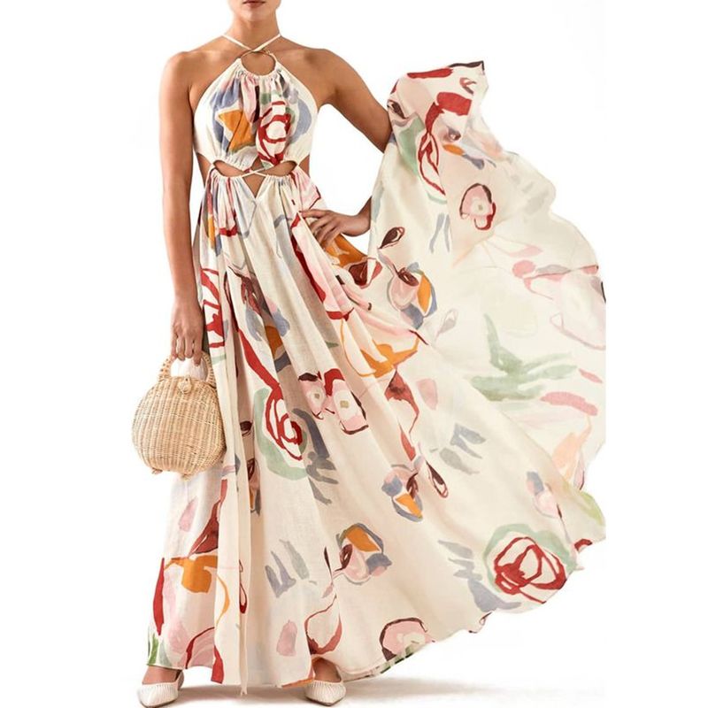 Robe longue de plage imprimée à bretelles sexy et coupe slim pour femme, nouveauté printemps/été 2025_voghion.com