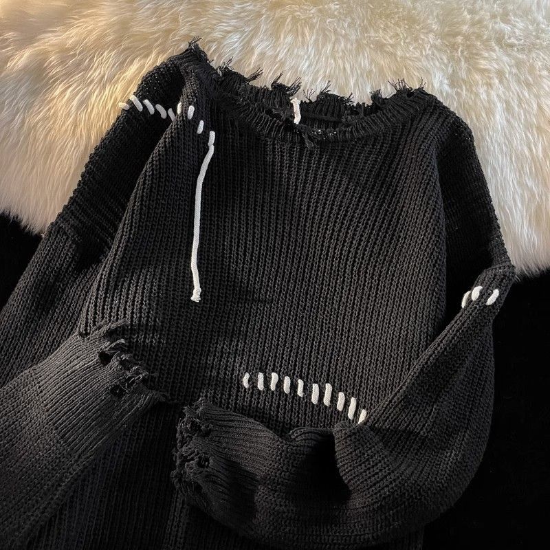 ​Unisex Distressed Knit Sweater With Raw Edge Detailing - Oversized Crewneck Pullover For Men & Women (Available In Black, Charcoal, Cream)​_voghion.com
