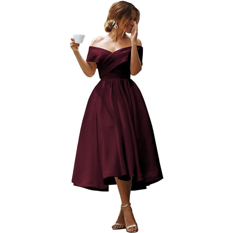 Elegantes schulterfreies Satin-Brautkleid in A-Linie, schlicht und schick für Braut, Brautjungfer, besondere Anlässe (Elfenbein, Rot, Marineblau, 16 Farben)_voghion.com