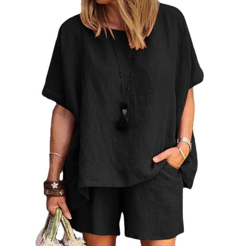 Women's fashion temperament loose short-sleeved shorts two-piece set_voghion.com