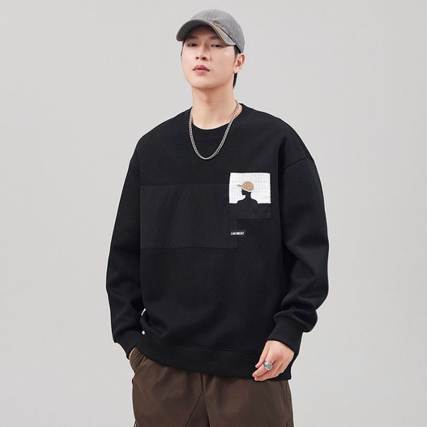 Men's Drop-Shoulder Crewneck Sweatshirt – Trendy Patch Pocket Long Sleeve Tee (M-4XL, Oversized Fit, 60% Cotton, 250GSM, Casual Streetwear Essential)_voghion.com