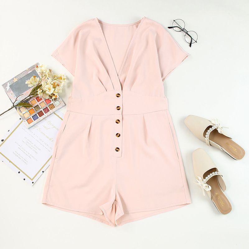 Mono de color liso para mujer, mono de verano de manga corta con botones decorativos y cintura baja con escote en V para mujer_voghion.com