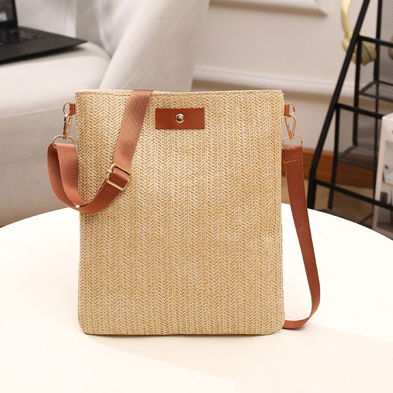 Borsa tote da donna in paglia intrecciata, borsa a tracolla singola, borsa a secchiello, borsa tote da spiaggia per le vacanze, borsa a tracolla con tracolla larga regolabile_voghion.com