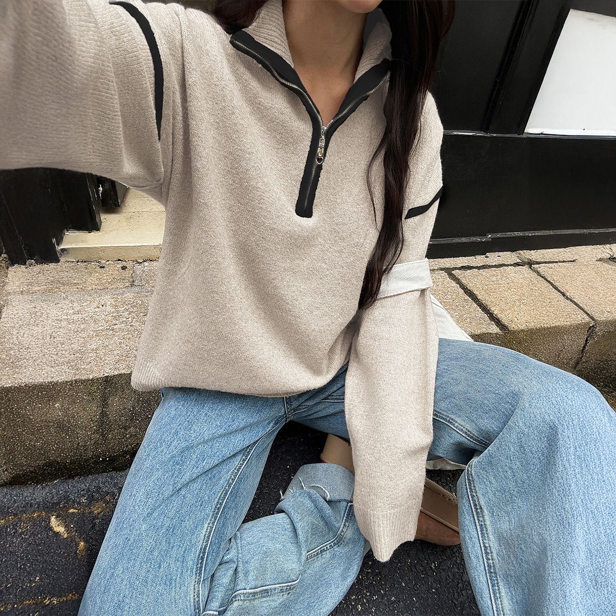 Lässiger Langarm-Pullover mit Reißverschluss für Damen – Weicher, atmungsaktiver Pullover mit Stehkragen, Polyester-Viskose-Mischgewebe, leicht und knitterfrei_voghion.com