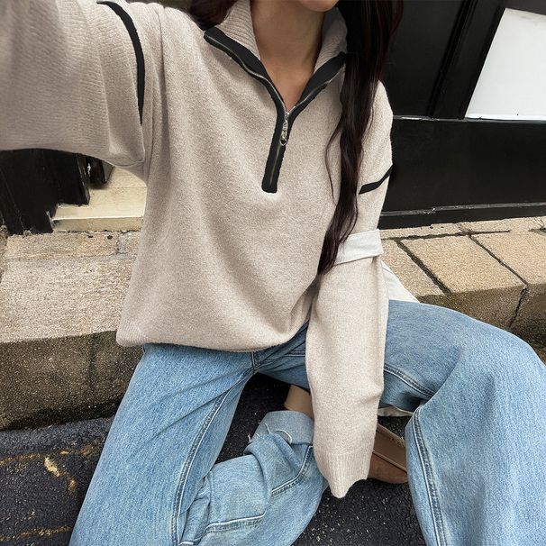 Lässiger Langarm-Pullover mit Reißverschluss für Damen – Weicher, atmungsaktiver Pullover mit Stehkragen, Polyester-Viskose-Mischgewebe, leicht und knitterfrei_voghion.com