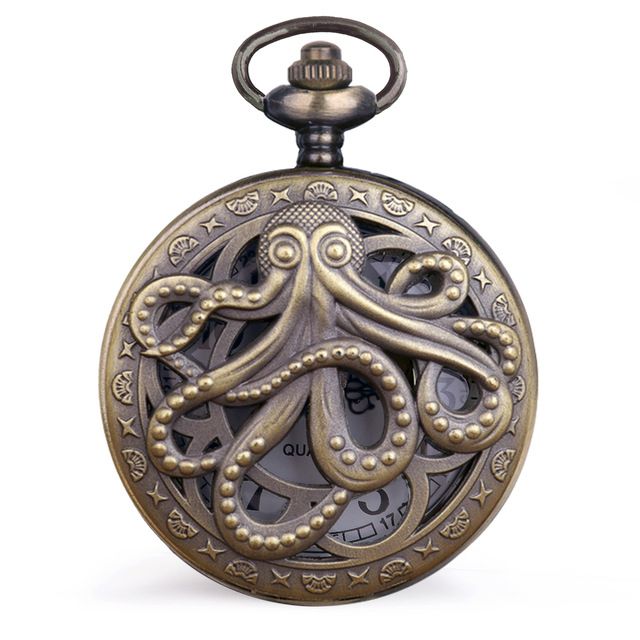 Antique Octopus Hollow Half Hunter Quartz Steampunk Black Pocket Necklace Chain Children's Gift Watch_voghion.com
