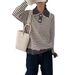 Stripe contrasting sweater Korean version POLO collar lace edge 2024 spring new style pullover fashionable versatile_voghion.com