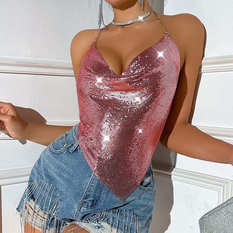 Damenbekleidung Sexy rückenfreies Tube-Top mit Metallkette und Pailletten_voghion.com