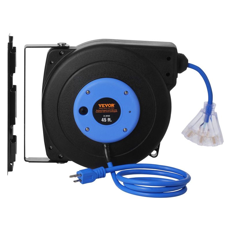 VEVOR Retractable Extension Cord Reel Power Cord Reel 45FT 12AWG/3C SJTOW_voghion.com