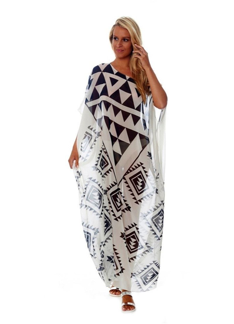 Vestido de praia com estampa triangular preto e branco – saída de praia grande para mulheres (tamanho único)_voghion.com