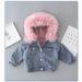 Giacca invernale per bambini con cappuccio in pelliccia sintetica, caldo cappotto in denim foderato in pile per ragazzi e ragazze, capospalla imbottito in cotone spesso (rosa/blu/grigio, 80-130 cm)_voghion.com
