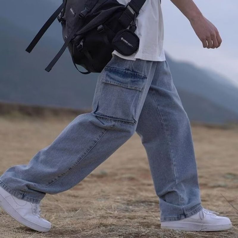 Herrenbekleidung Retro Washed Jeans Herren Multi Pocket Straight Workwear Wide Leg Pants Ins Loose Mopping Trousers_voghion.com