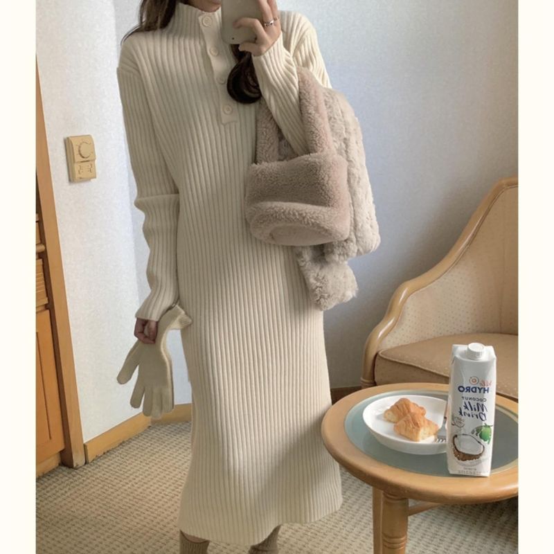 Robe en laine à manches longues pour femmes, couleur unie_voghion.com