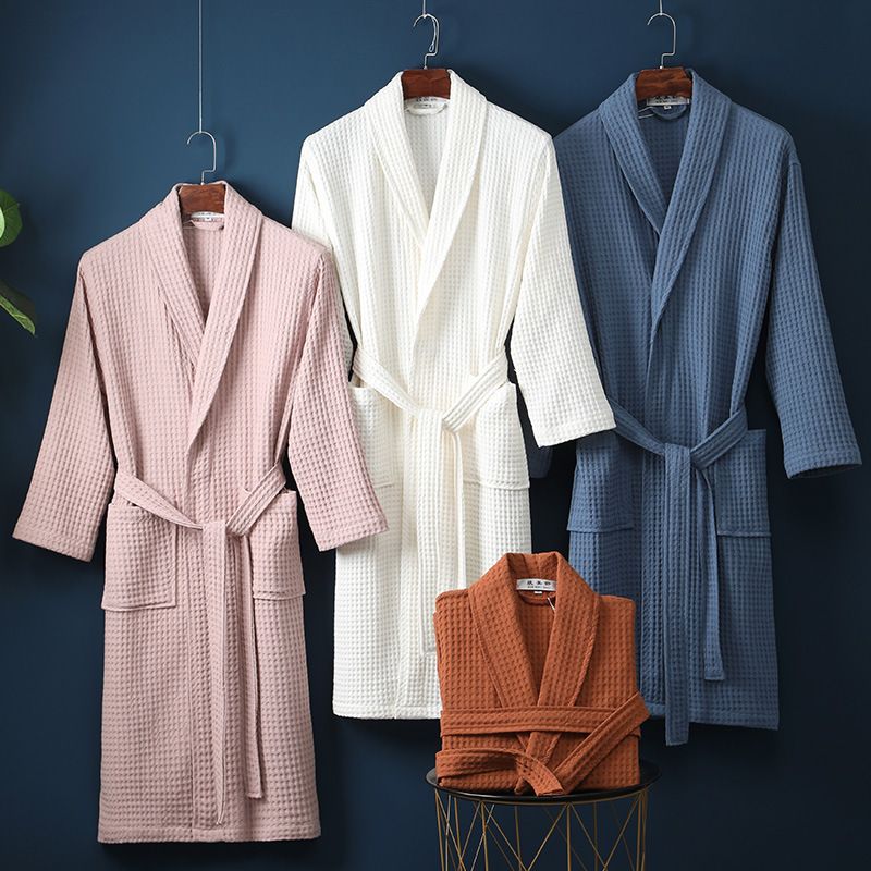 New Pure Cotton Bathrobe Spring And Autumn Waffle Long Bathrobe B&B Hotel Couple Cotton Nightgown_voghion.com