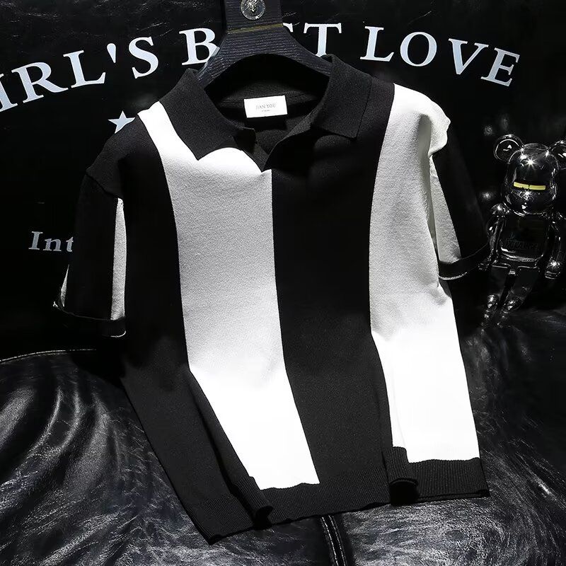 Ropa para hombre, polo, camisa a rayas de colores a juego, transpirable, suéter de punto fino, versátil, de punto con solapa, manga corta, estilo ligero y maduro_voghion.com