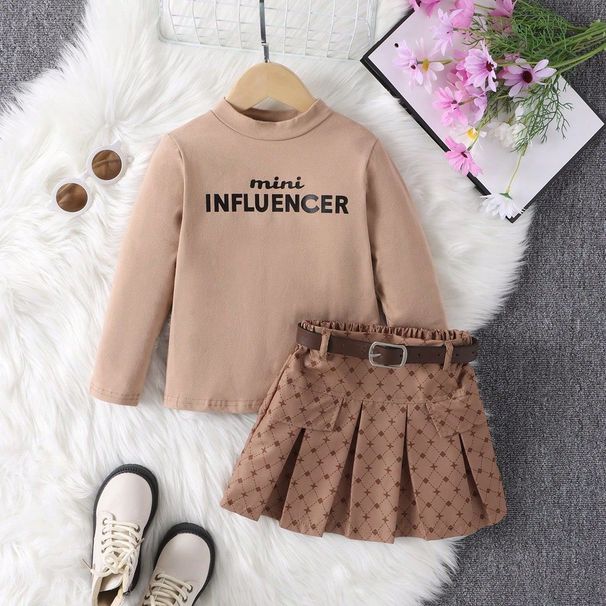 2024 Herbst Mädchen Langarm Strickoberteil mit Buchstabendruck + plissierter karierter Rock, kurzer Rock, zweiteilig_voghion.com