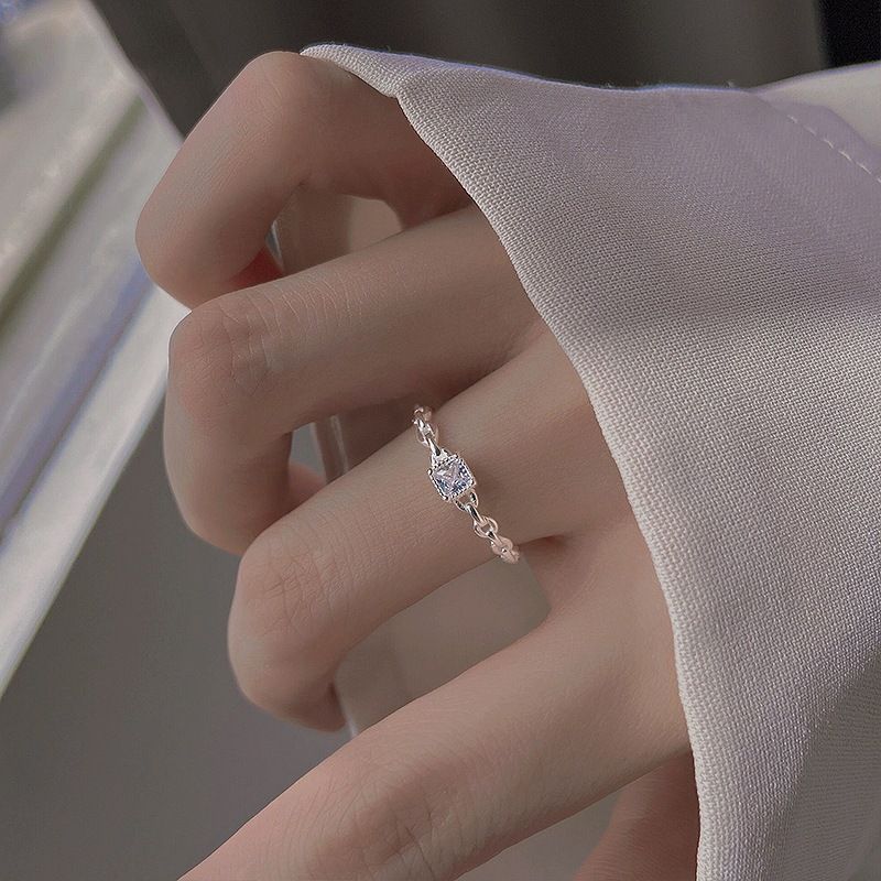 New S Pure Silver Square Diamond Plain Women's Instagram Cold Indifferent, Small and Luxury, High Grade Chain Open Ring_voghion.com