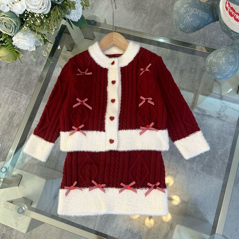 Cardigan con gonna corta e fiocco rosso lavorato a maglia per ragazze, autunno inverno 2024, Natale e Capodanno_voghion.com