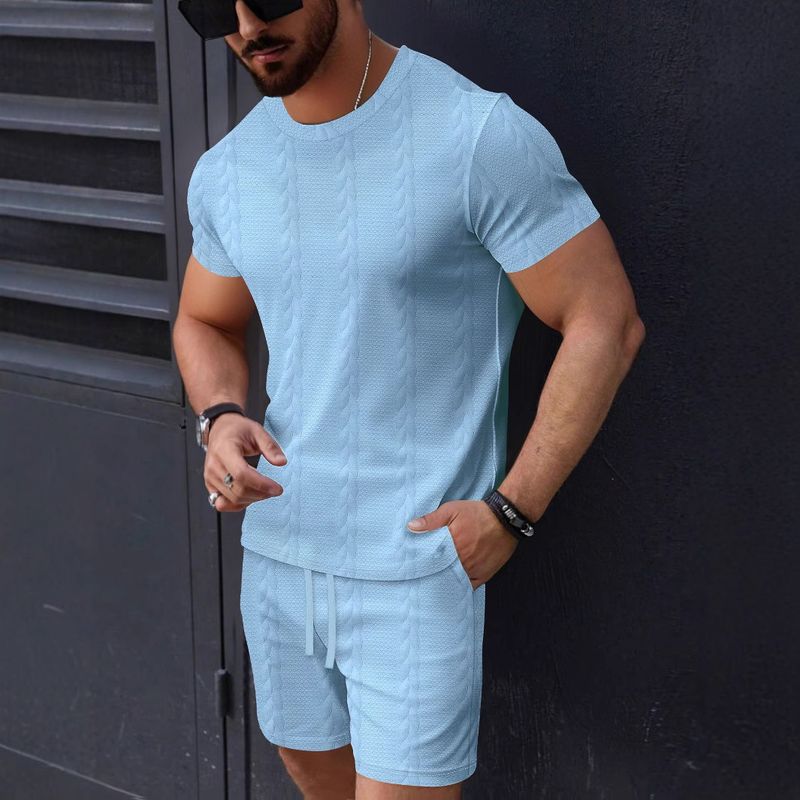 2025 Summer Fashion New Men's Solid Color Jacquard Set Casual Round-neck Short-sleeved Drawstring Shorts Two-piece Setce Set_voghion.com
