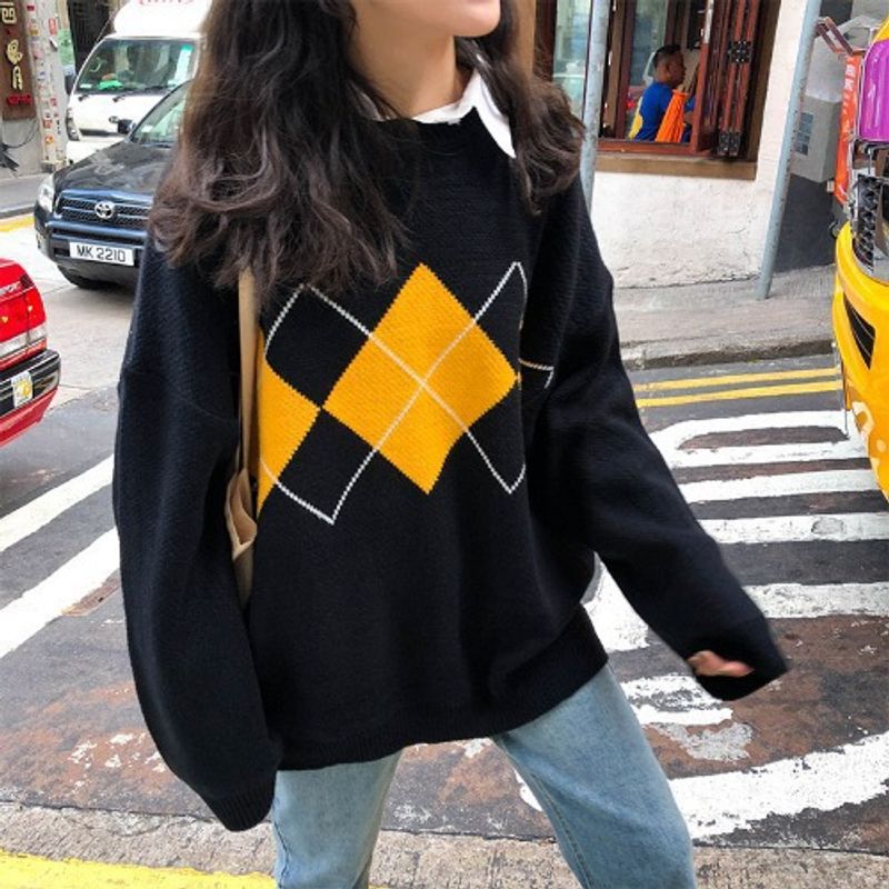 2024 neuer Stil Diamantgitter lose Abnehmen Internet berühmter Pullover gestrickter lässiger Pullover Wintermantel für Frauen_voghion.com