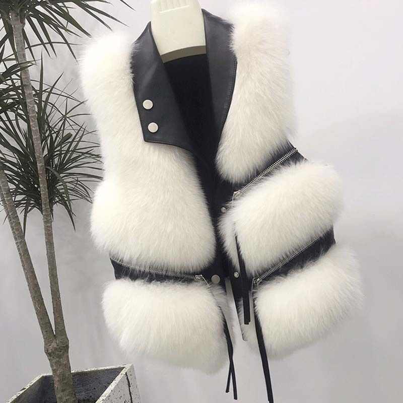 Women's Faux Fur Vest With Notched Collar & Zipper - Chic Short Puffer Jacket For Fall Winter (Khaki/Black/White) - Trendy Streetwear Outerwear_voghion.com