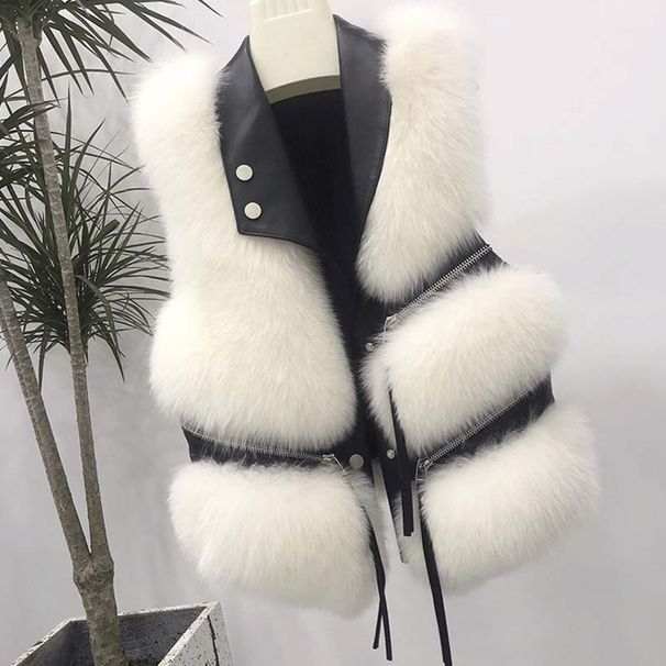 Women's Faux Fur Vest With Notched Collar & Zipper - Chic Short Puffer Jacket For Fall Winter (Khaki/Black/White) - Trendy Streetwear Outerwear_voghion.com