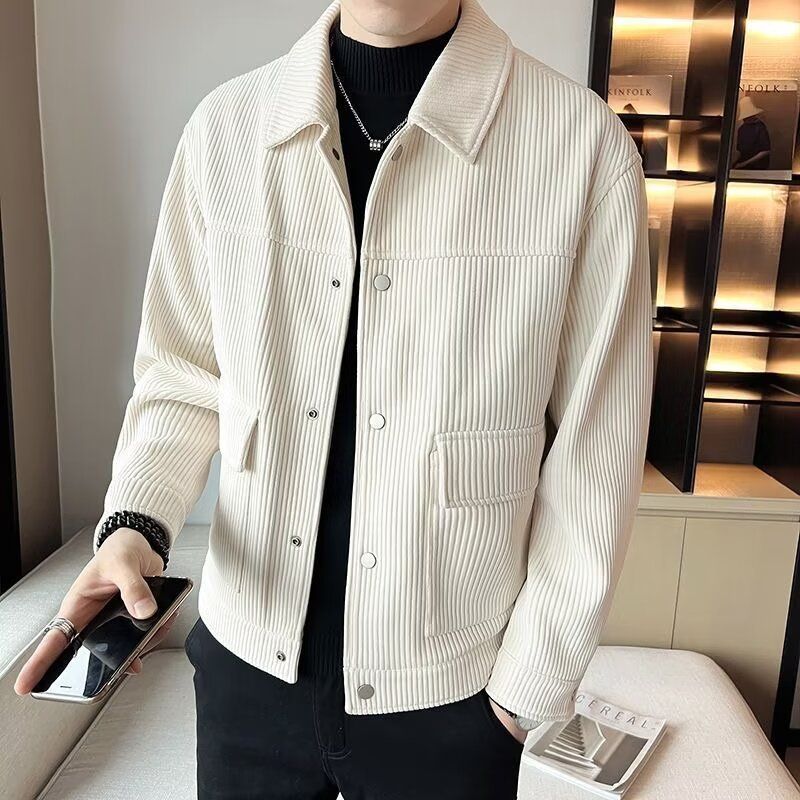 Herren-Arbeitsjacke aus Cord – Stilvoller, locker sitzender Freizeitmantel mit mehreren Taschen, Umlegekragen, modische Oberbekleidung für den Herbst_voghion.com