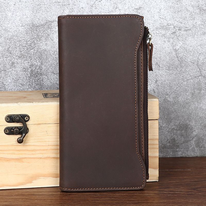 Portafoglio lungo da uomo con fibbia personalizzata in vera pelle di vacchetta con strato superiore in vera pelle di cavallo Crazy Horse_voghion.com
