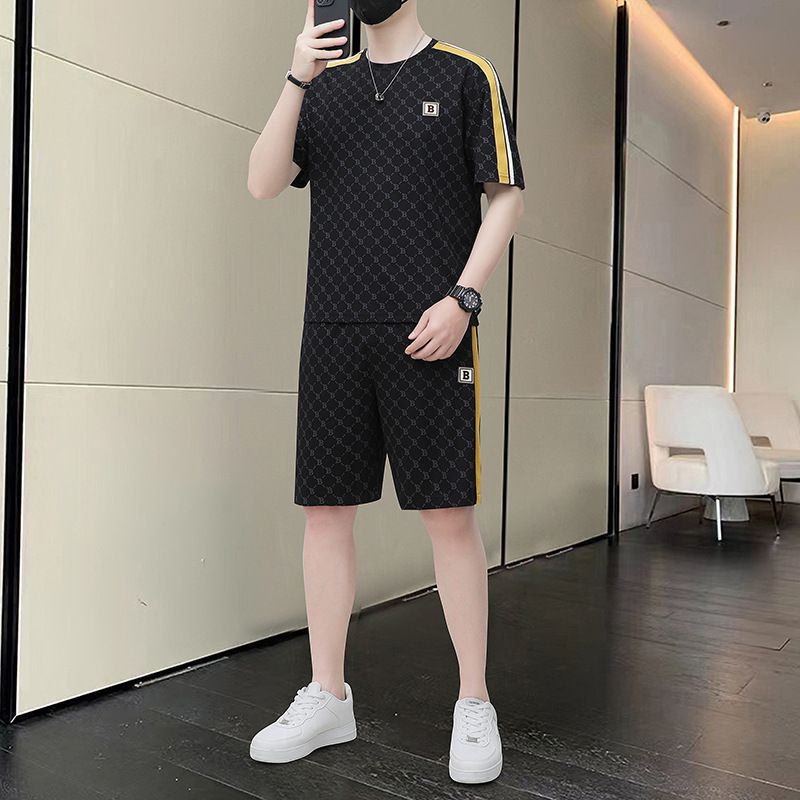 Ensemble de vêtements d'été pour hommes, décontracté et haut de gamme, nouvelle collection, ample, en soie glacée, manches courtes, short imprimé, ensemble de vêtements pour hommes_voghion.com