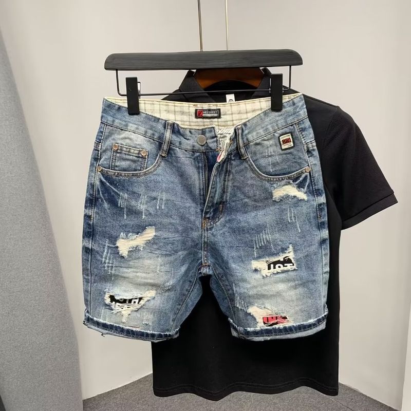 Men's Clothing Straight Tube Ripped Denim Shorts Loose Shorts Thin Style Shorts_voghion.com