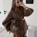 "Women's Wool-Look Trench Coat – Belted Long Polyester Coat With Stand Collar (Brown) S/M/L"_voghion.com
