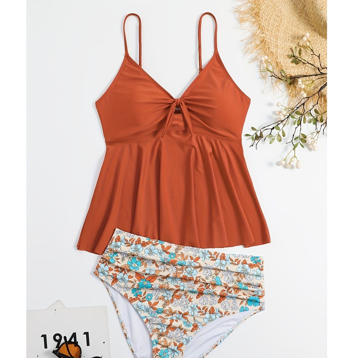 Badekleid in Übergröße mit Bikinihose – schlichter und sexy zweiteiliger Badeanzug (Bauchkontrolle, Blumenmuster, hohe Taille, LSF 50+, Strand und Pool)_voghion.com