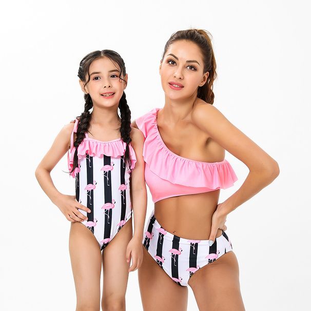 Mother & Kids parent-child swimsuit flamingo new bikini ruffled large, medium and small children mother and daughter swimwear_voghion.com