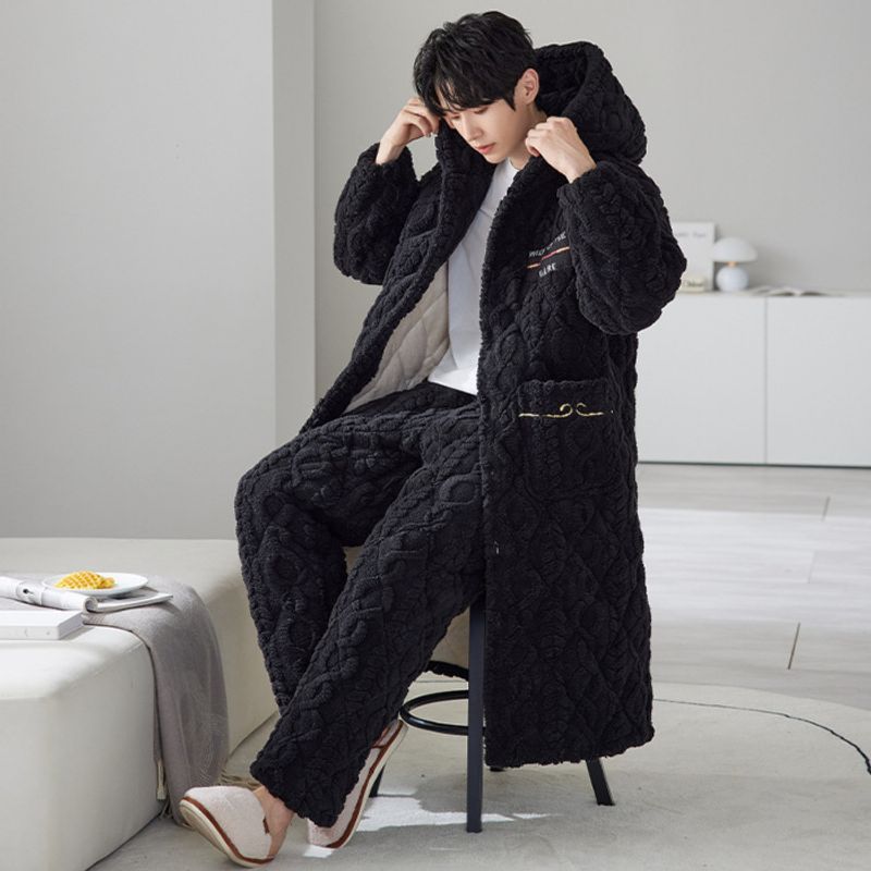 2024 Winter Three layer Cotton Coral Fleece Flannel Men' Sleeping Robe Caual Cartoon Plu Velvet Thickened Home_voghion.com