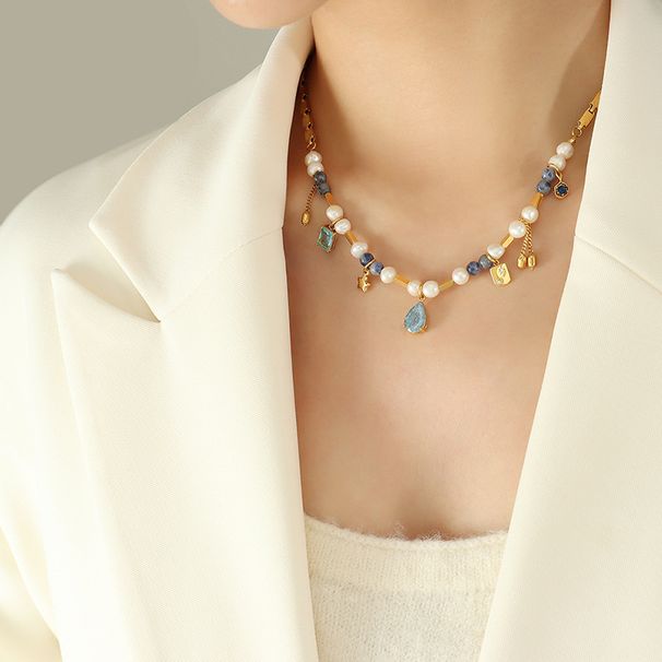 Collier de perles d'eau douce en pierre naturelle, style français, épissure de matériaux multiples, travail intensif, chaîne de clavicule pour filles_voghion.com
