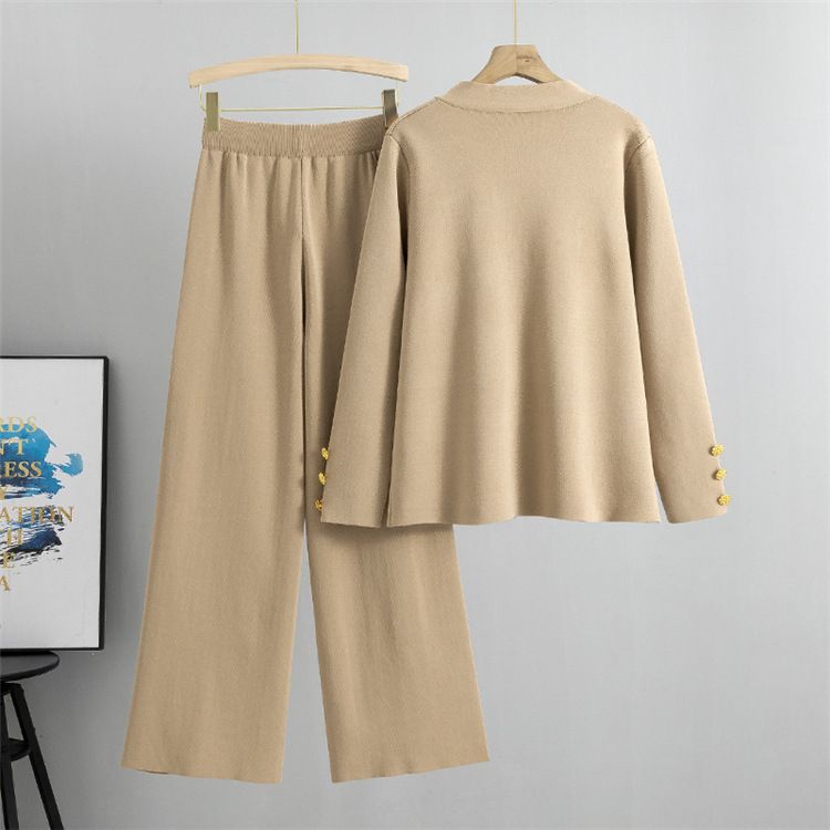 K Casual Fashion Zweiteiliges Set für Damen; Vielseitiges Set aus Strickjacke mit Metallknöpfen und weit geschnittener Hose._voghion.com