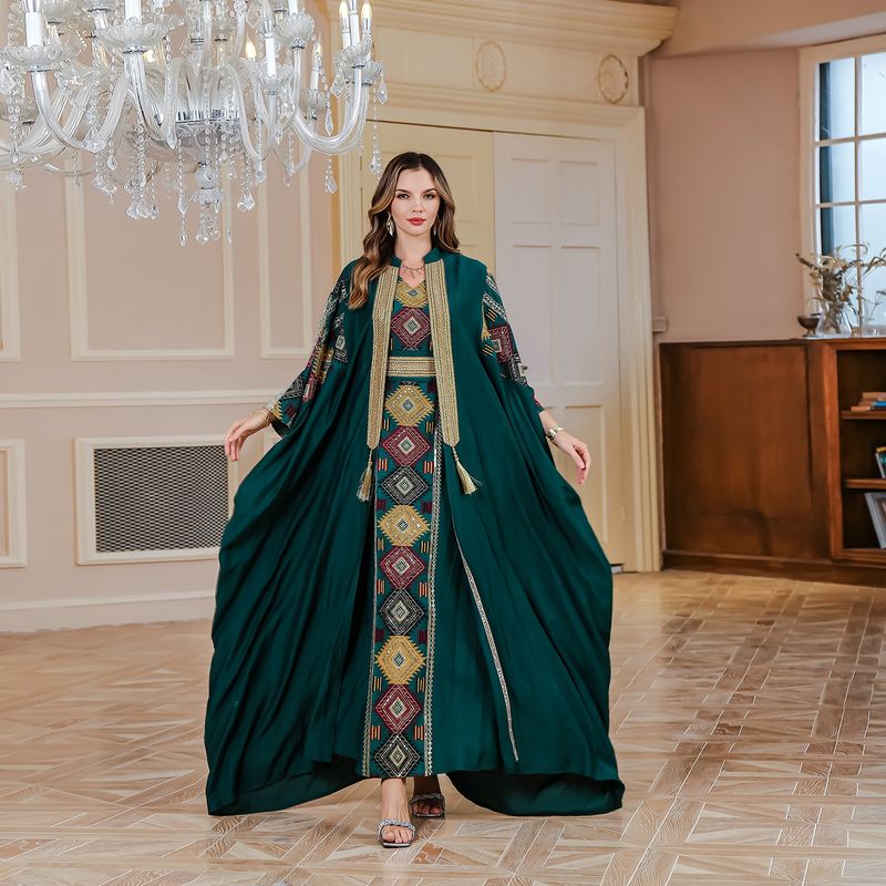 Vestido de noite muçulmano bordado abaya leve luxuoso vestido de duas peças_voghion.com