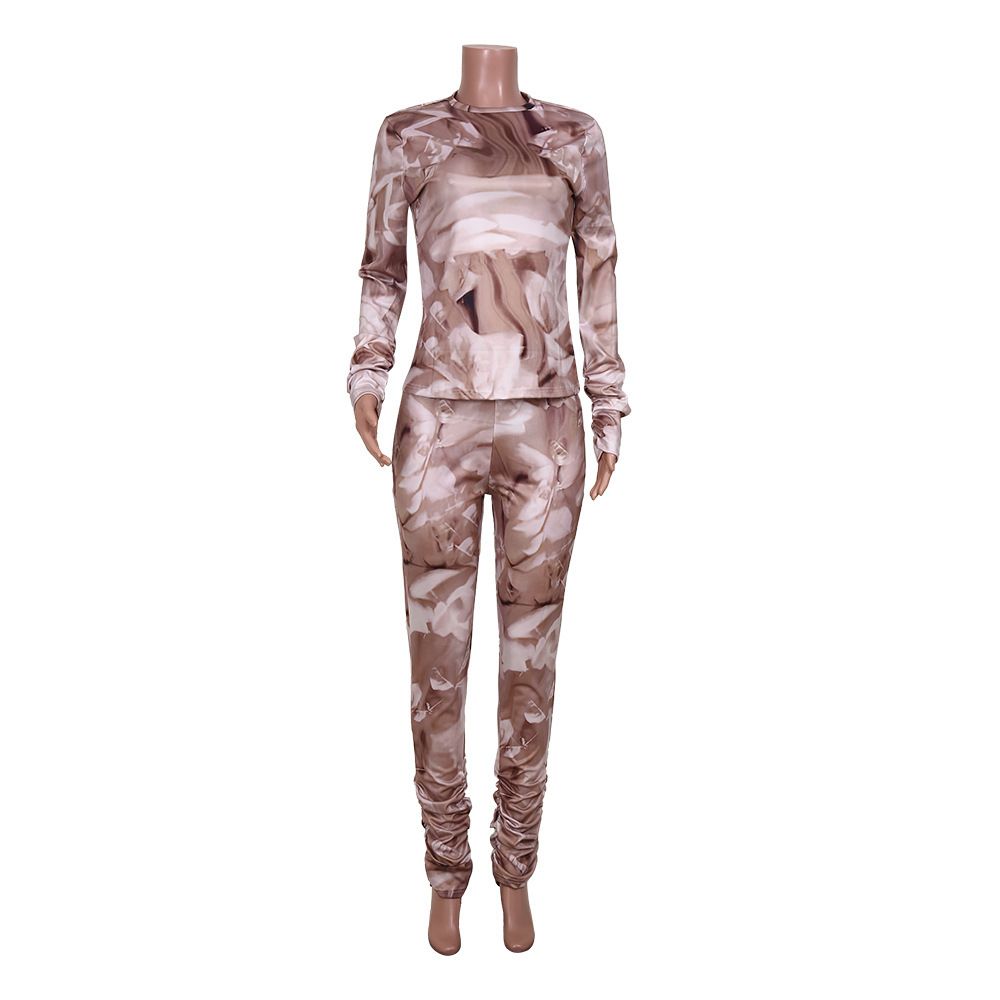 Women's Autumn New Printed Ruched Casual Long Sleeve Top And Pants Two-Piece Set_voghion.com