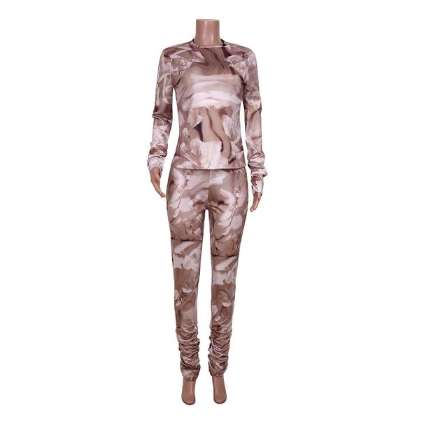 Women's Autumn New Printed Ruched Casual Long Sleeve Top And Pants Two-Piece Set_voghion.com