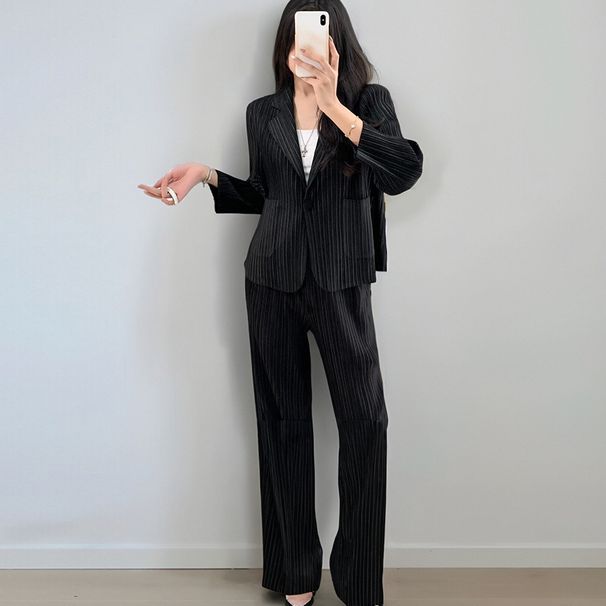 GraceChic Miyake Herbstanzug, hochwertiges, legeres Damen-Business-Set mit Blazer und gerader Hose, zweiteilig_voghion.com