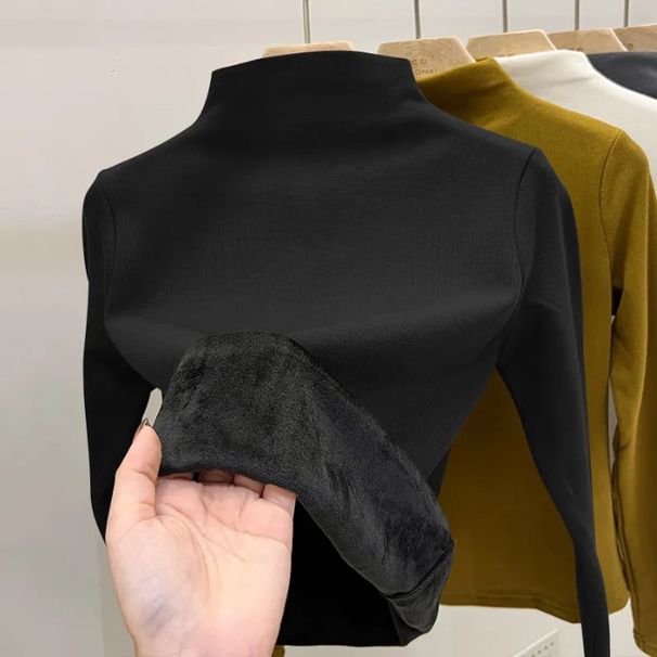 Dames thermisch fleece gevoerd coltrui T-shirt - Winter warme basislaag met zilvervos fleece, slim fit top met lange mouwen voor koud weer_voghion.com