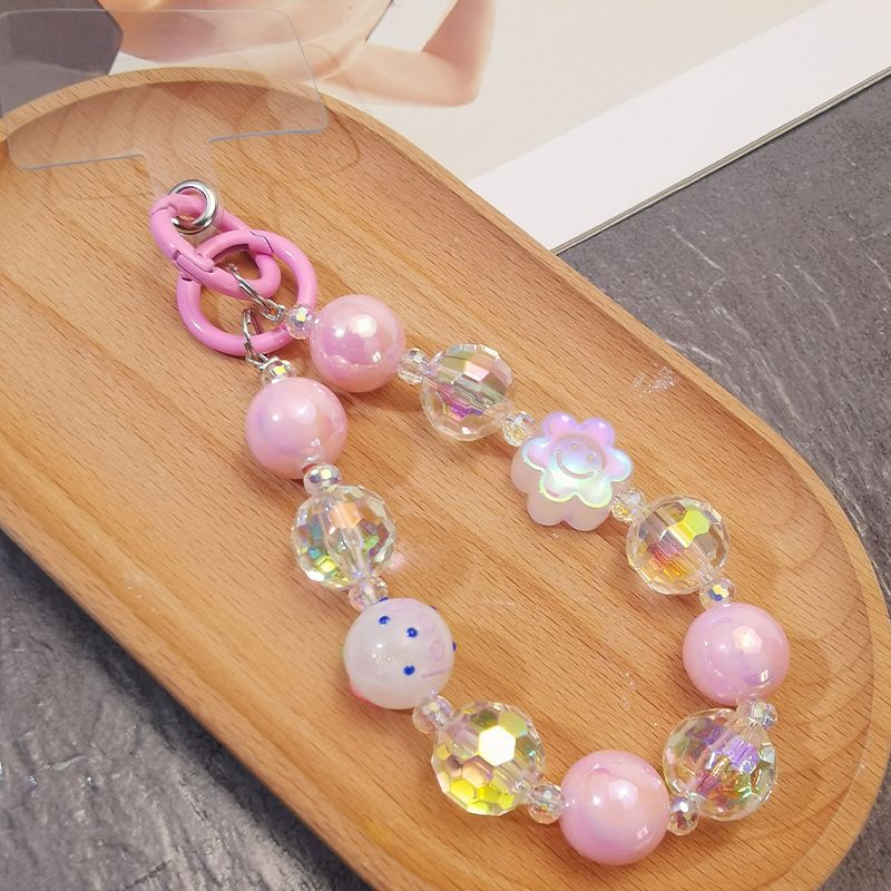 Short Wrist Chain Handmade Beaded Smiley Face Flower Diamond Bead Shaped Pendant Mobile Phone Lanyard Universal Anti_voghion.com