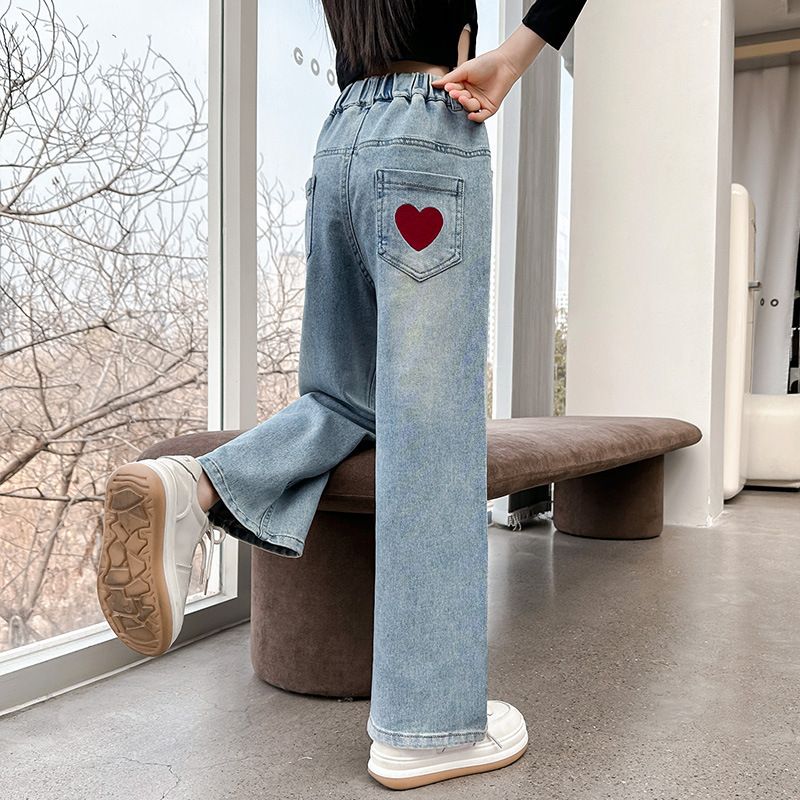 Estilos de niñas y otoño para niños grandes 2024 nuevos jeans primavera pantalones largos rectos de pierna ancha para niños_voghion.com