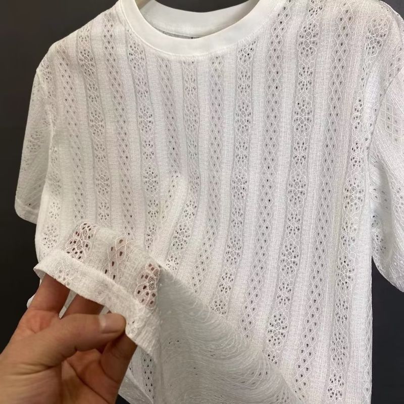 Herrenbekleidung Kurzarm-Herren-Sommer neue Persönlichkeit aushöhlen Tüll High-End-Nischentrend dreifarbiges Design aushöhlen T-Shirt Trend_voghion.com
