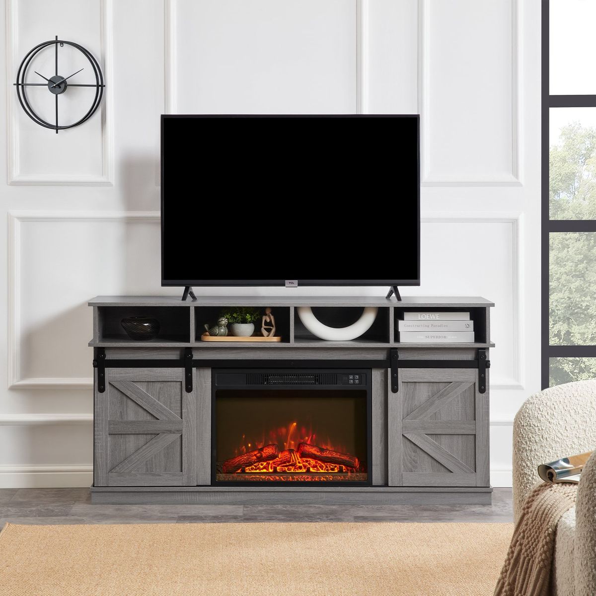 Modern Farmhouse TV Media Stand, Large Barn Inspired Home Entertainment Console, With 23" Fireplace Insert, For TV Up To 65'', With Open Shelves And Closed Cabinets, Grey_voghion.com
