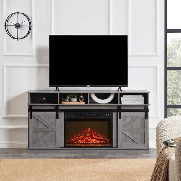 Modern Farmhouse TV Media Stand, Large Barn Inspired Home Entertainment Console, With 23" Fireplace Insert, For TV Up To 65'', With Open Shelves And Closed Cabinets, Grey_voghion.com