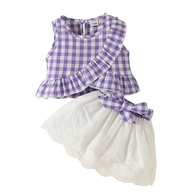 Babyklær Baby Ermeløs Volang Rutet Topp Sløyfe Brodert Skjørt Dress Skjørt Jentekjole_voghion.com