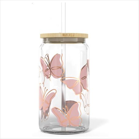 Moderner, minimalistischer Glasbecher mit Bambusdeckel – 16 oz Borosilikat-Schmetterlingsdesign, auslaufsicher und umweltfreundlich (Eiskaffee/Tee/Schaumgetränk)_voghion.com