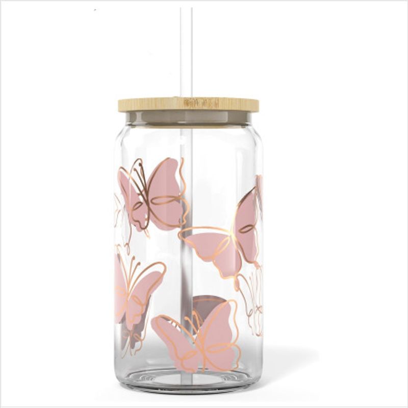 Modern Minimalist Glass Cup With Bamboo Lid – 16oz Borosilicate Butterfly Design, Leak-Proof & Eco-Friendly (Iced Coffee/Tea/Bubble Drink)_voghion.com